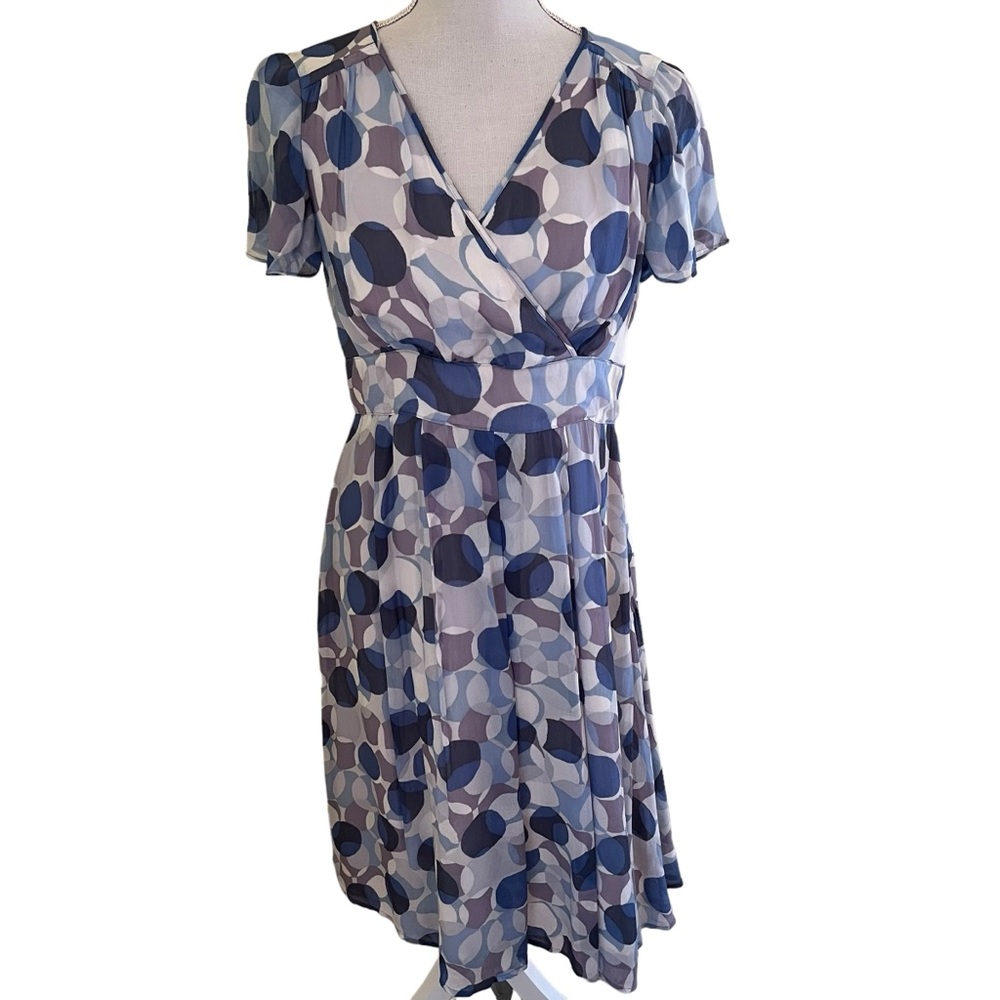 Boden Blue/Tan/Cream Polka Dot Chiffon Aline Dress 6R